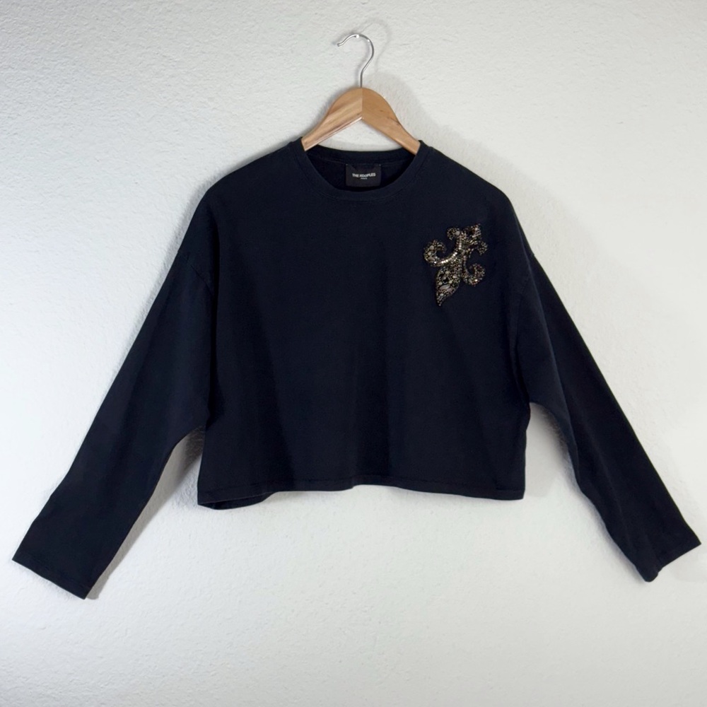 The Kooples Black Fleur de Lis Embellished Cropped Tee Shirt Sz 1